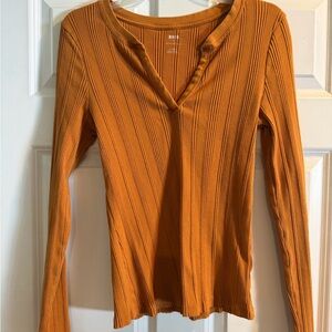 Anthropologie Ribbed V-Neck Long Sleeve Top in Rust Orange by Maeve
